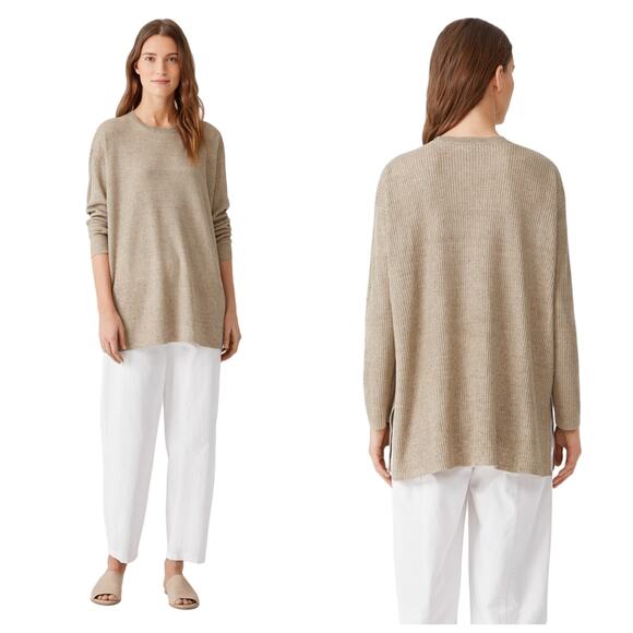 Eileen Fisher Round Neck Pullover Sweater Organic Linen Khaki Ribbed Size M New - Picture 1 of 11